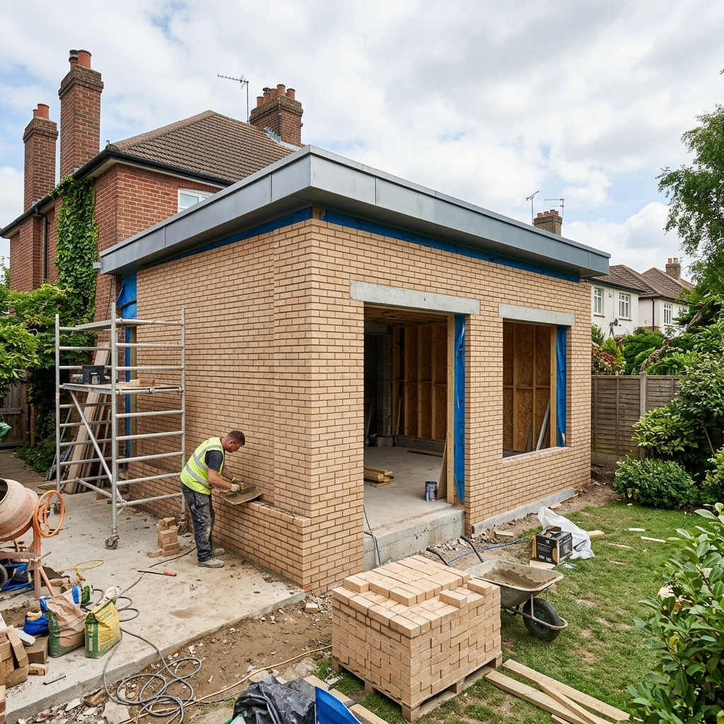 House brick extension under construction in suburban garden